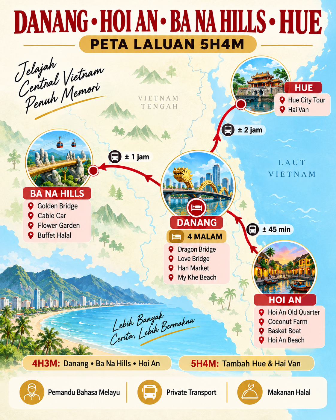 Peta laluan pakej Danang Hoi An Ba Na Hills dan Hue