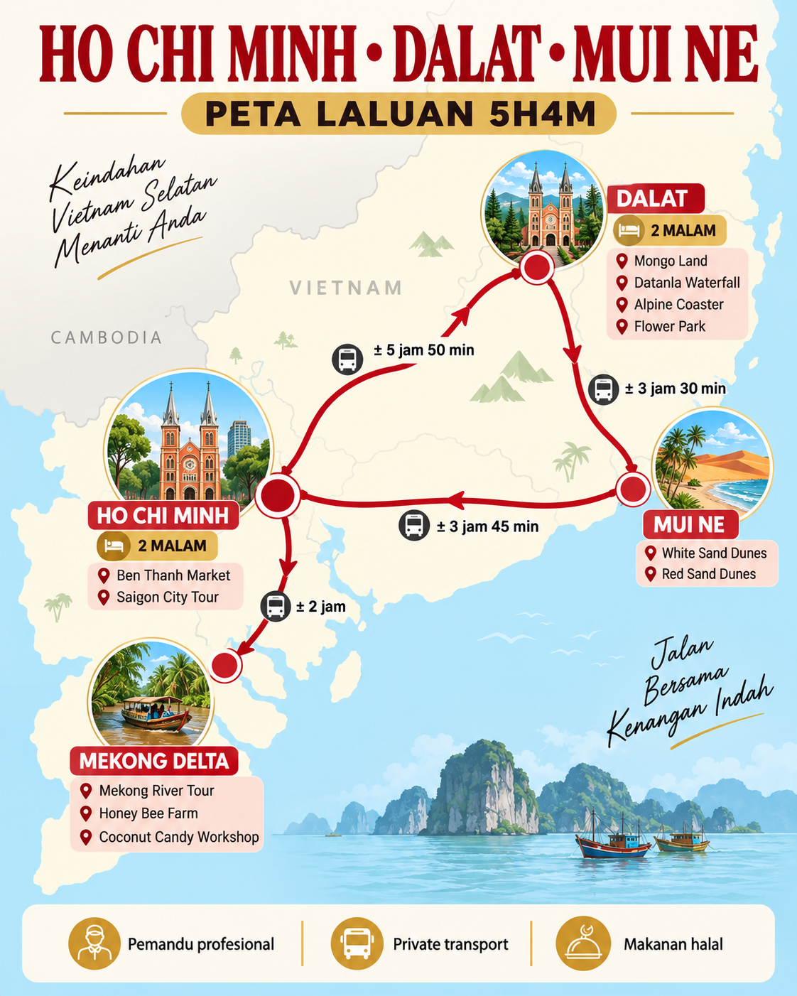 Peta laluan pakej 5H4M Ho Chi Minh Dalat Mui Ne dan Mekong Delta