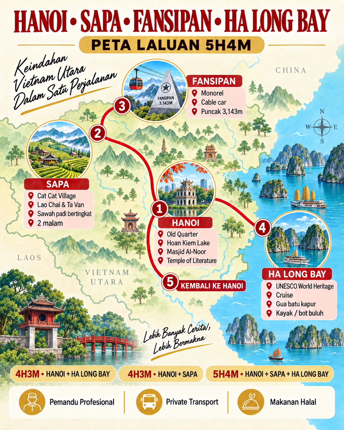 Peta laluan Hanoi Sapa Fansipan dan Ha Long Bay